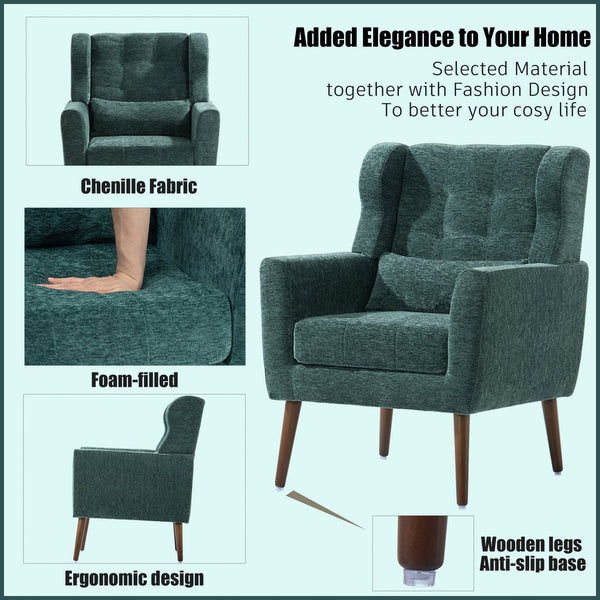 English Elm Modern Accent Chair with Chenille Upholstery, Ergonomic Padded Seat & Solid Wood Legs for Living Rooms Blackish Green W1028102387