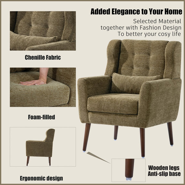 English Elm Modern Accent Chair with Chenille Upholstery, Ergonomic Padded Seat & Solid Wood Legs for Living Rooms Olive Green W1028102389