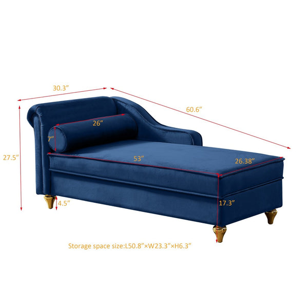 English Elm Modern Velvet Chaise Lounge with Hidden Storage Gold Legs Bedroom Accent Chair Navy Blue W1097102814