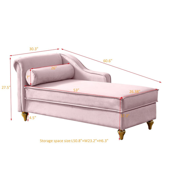 English Elm Modern Velvet Chaise Lounge with Hidden Storage Gold Legs Bedroom Accent Chair Pink W1097102808