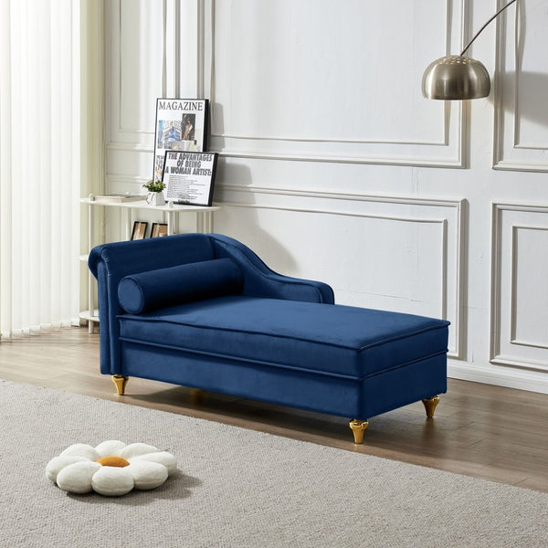 English Elm Modern Velvet Chaise Lounge with Hidden Storage Gold Legs Bedroom Accent Chair Navy Blue W1097102814