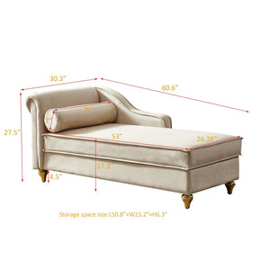 English Elm Modern Velvet Chaise Lounge with Hidden Storage Gold Legs Bedroom Accent Chair Beige W1097102811