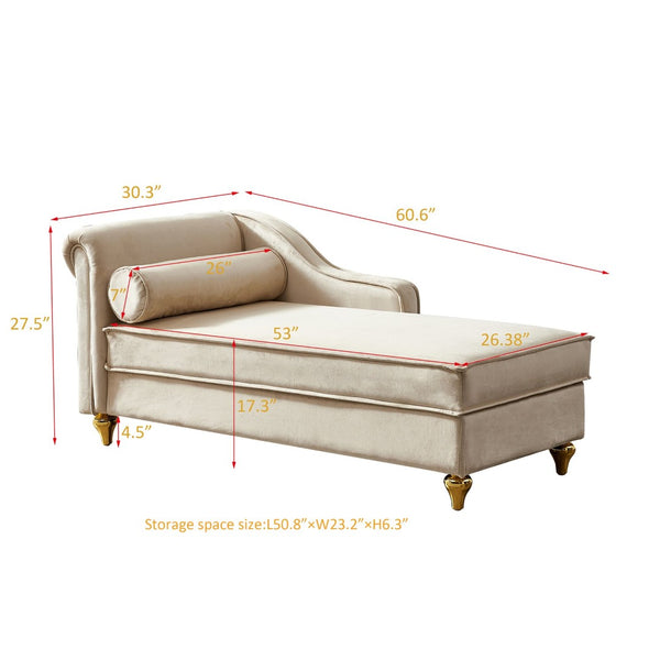 English Elm Modern Velvet Chaise Lounge with Hidden Storage Gold Legs Bedroom Accent Chair Beige W1097102811