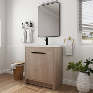 English Elm 30 Inch Modern Freestanding Bathroom Vanity With White Resin Sink & Soft-Close Storage Doors W999S00084