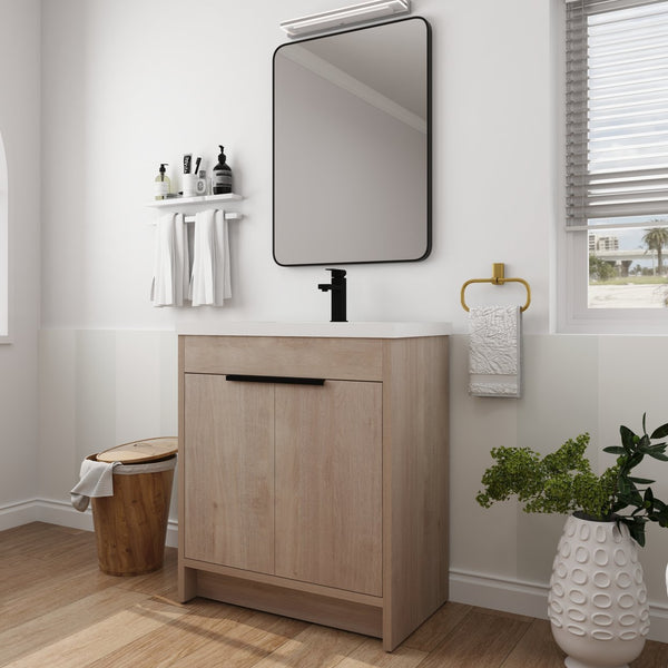 English Elm 30 Inch Modern Freestanding Bathroom Vanity With White Resin Sink & Soft-Close Storage Doors W999S00084