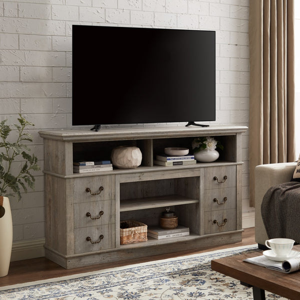 English Elm Traditional Farmhouse Entertainment Console with Open Shelves and Concealed Cabinet Storage W1758109216