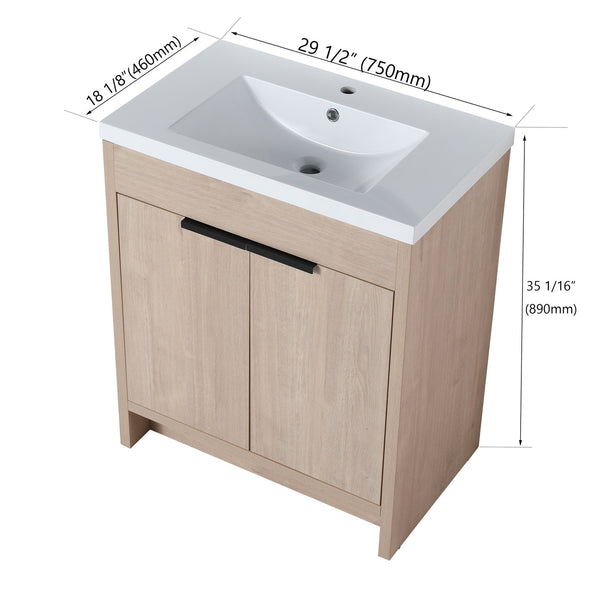 English Elm 30 Inch Modern Freestanding Bathroom Vanity With White Resin Sink & Soft-Close Storage Doors W999S00084