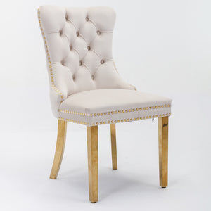 English Elm A&A Velvet Tufted Dining Chairs Set of 2 - Modern Beige Upholstered Seats with Gold Legs & Nailhead Trim W114391507