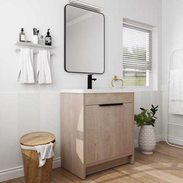 English Elm 30 Inch Modern Freestanding Bathroom Vanity With White Resin Sink & Soft-Close Storage Doors W999S00084