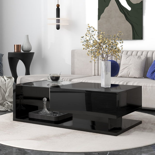 English Elm Modern Two-tier Glass Top Coffee Table with Uv Gloss Finish for Living Room Black WF303936AAB