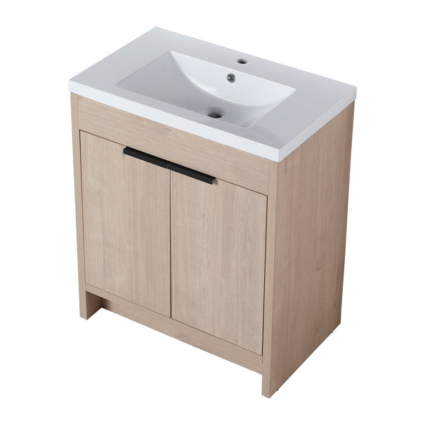 English Elm 30 Inch Modern Freestanding Bathroom Vanity With White Resin Sink & Soft-Close Storage Doors W999S00084