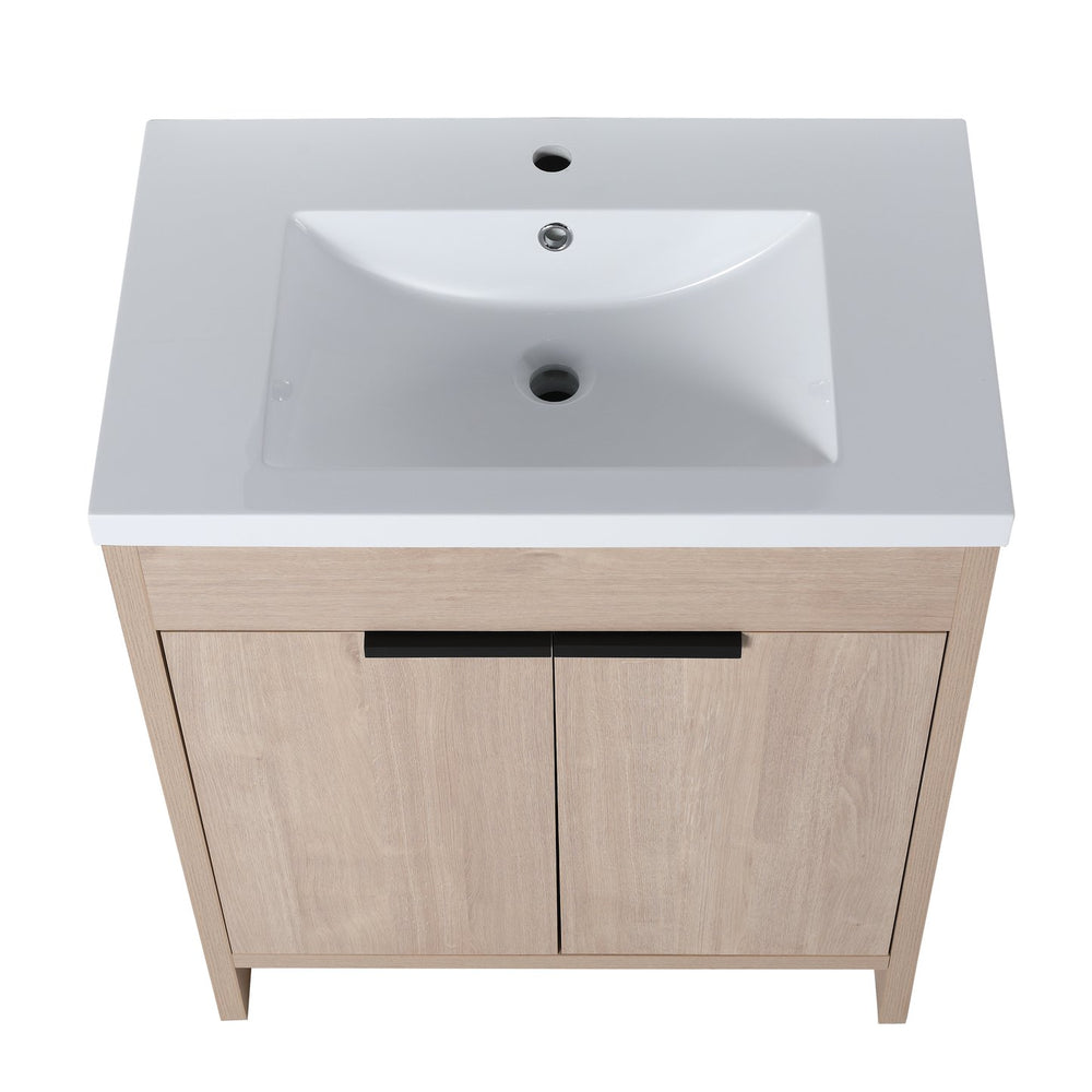 English Elm 30 Inch Modern Freestanding Bathroom Vanity With White Resin Sink & Soft-Close Storage Doors W999S00084