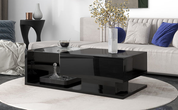 English Elm Modern Two-tier Glass Top Coffee Table with Uv Gloss Finish for Living Room Black WF303936AAB
