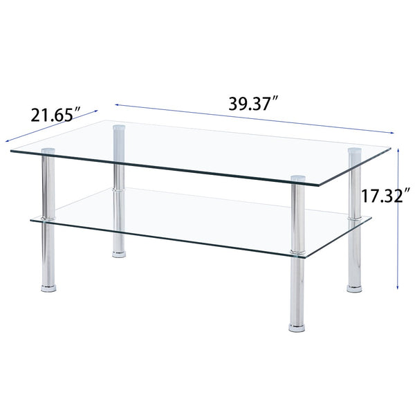 English Elm 2-layer Tempered Glass Coffee Table Metal Frame Modern Living Room Storage Shelf W1718109234