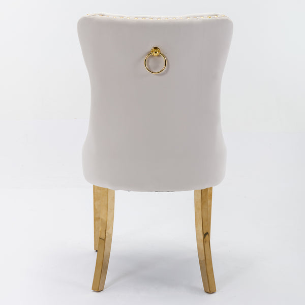 English Elm A&A Velvet Tufted Dining Chairs Set of 2 - Modern Beige Upholstered Seats with Gold Legs & Nailhead Trim W114391507