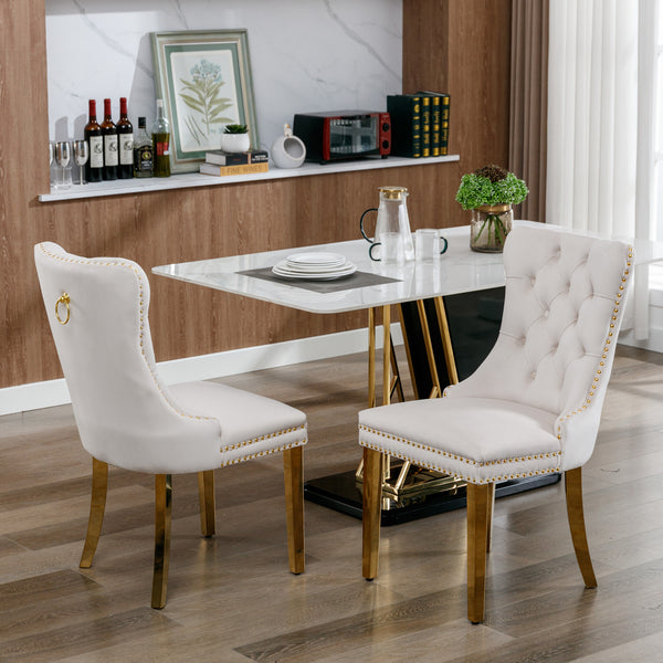 English Elm A&A Velvet Tufted Dining Chairs Set of 2 - Modern Beige Upholstered Seats with Gold Legs & Nailhead Trim W114391507