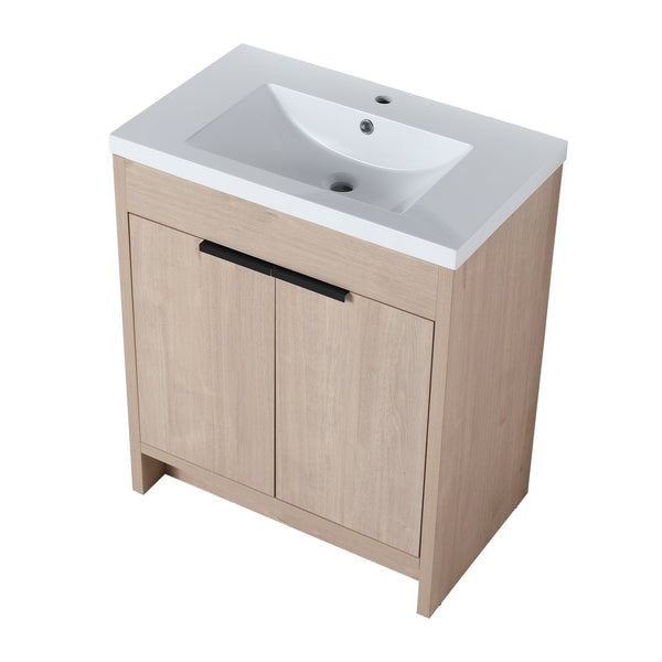 English Elm 30 Inch Modern Freestanding Bathroom Vanity With White Resin Sink & Soft-Close Storage Doors W999S00084