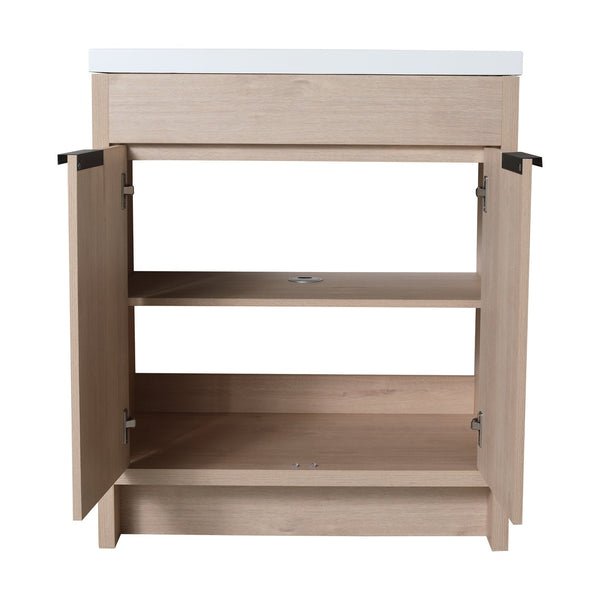 English Elm 30 Inch Modern Freestanding Bathroom Vanity With White Resin Sink & Soft-Close Storage Doors W999S00084