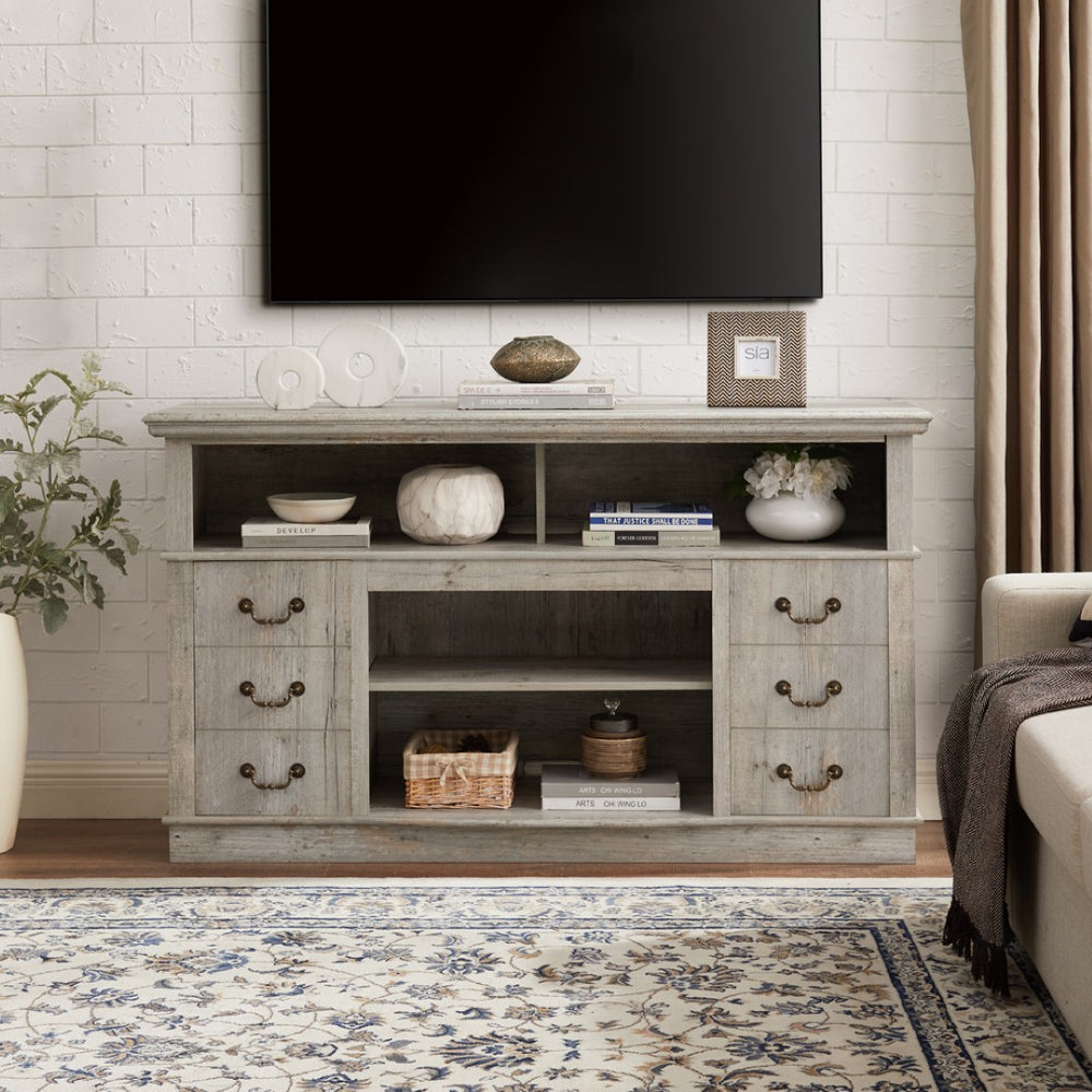 English Elm Traditional Farmhouse Entertainment Console with Open Shelves and Concealed Cabinet Storage W1758109216