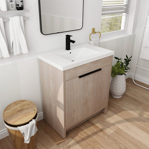 English Elm 30 Inch Modern Freestanding Bathroom Vanity With White Resin Sink & Soft-Close Storage Doors W999S00084