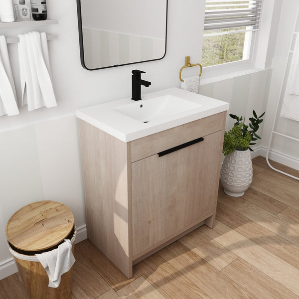 English Elm 30 Inch Modern Freestanding Bathroom Vanity With White Resin Sink & Soft-Close Storage Doors W999S00084