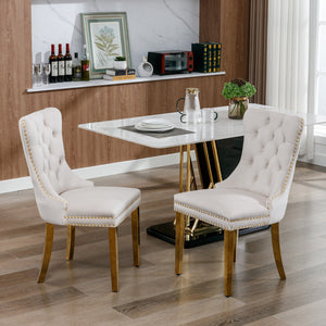 English Elm A&A Velvet Tufted Dining Chairs Set of 2 — Modern Beige Upholstered Seats with Gold Stainless Legs W114391507
