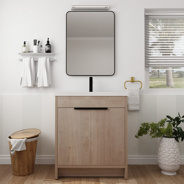 English Elm 30 Inch Modern Freestanding Bathroom Vanity With White Resin Sink & Soft-Close Storage Doors W999S00084