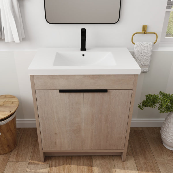 English Elm 30 Inch Modern Freestanding Bathroom Vanity With White Resin Sink & Soft-Close Storage Doors W999S00084