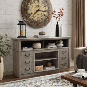 English Elm Traditional Farmhouse Entertainment Console with Open Shelves and Concealed Cabinet Storage W1758109216