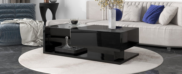 English Elm Modern Two-tier Glass Top Coffee Table with Uv Gloss Finish for Living Room Black WF303936AAB