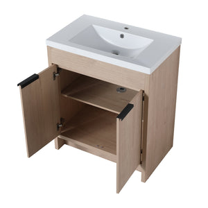 English Elm 30 Inch Modern Freestanding Bathroom Vanity With White Resin Sink & Soft-Close Storage Doors W999S00084