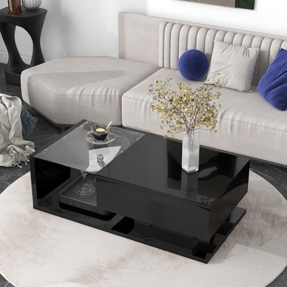 English Elm Modern Two-tier Glass Top Coffee Table with Uv Gloss Finish for Living Room Black WF303936AAB