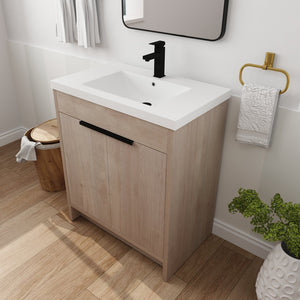English Elm 30 Inch Modern Freestanding Bathroom Vanity With White Resin Sink & Soft-Close Storage Doors W999S00084