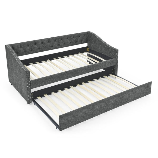 English Elm Twin Size Daybed With Trundle – Elegant Upholstered Sofa Bed, Button-Tufted Design In Grey Finish W1413S00005-GIGA