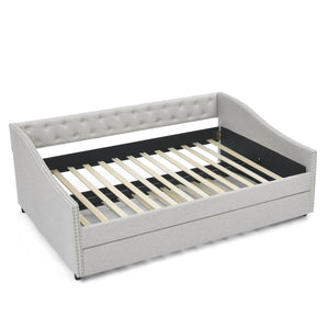 English Elm Full Size Daybed With Twin Trundle - Upholstered Tufted Sofa Bed With Stylish Copper Nailhead Trim W1413S00008