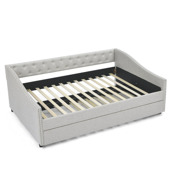 English Elm Full Size Daybed With Twin Trundle - Upholstered Tufted Sofa Bed With Stylish Copper Nailhead Trim W1413S00008