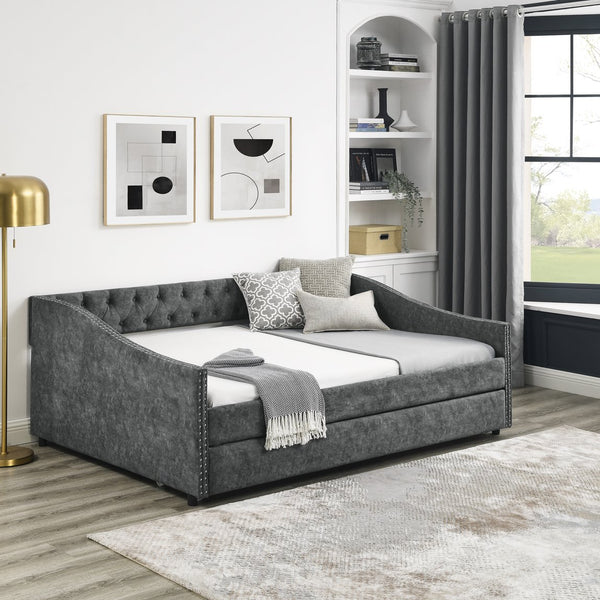 English Elm Full Size Daybed With Twin Trundle - Stylish Upholstered Sofa Bed With Tufted Design & Nailhead Trim W1413S00007