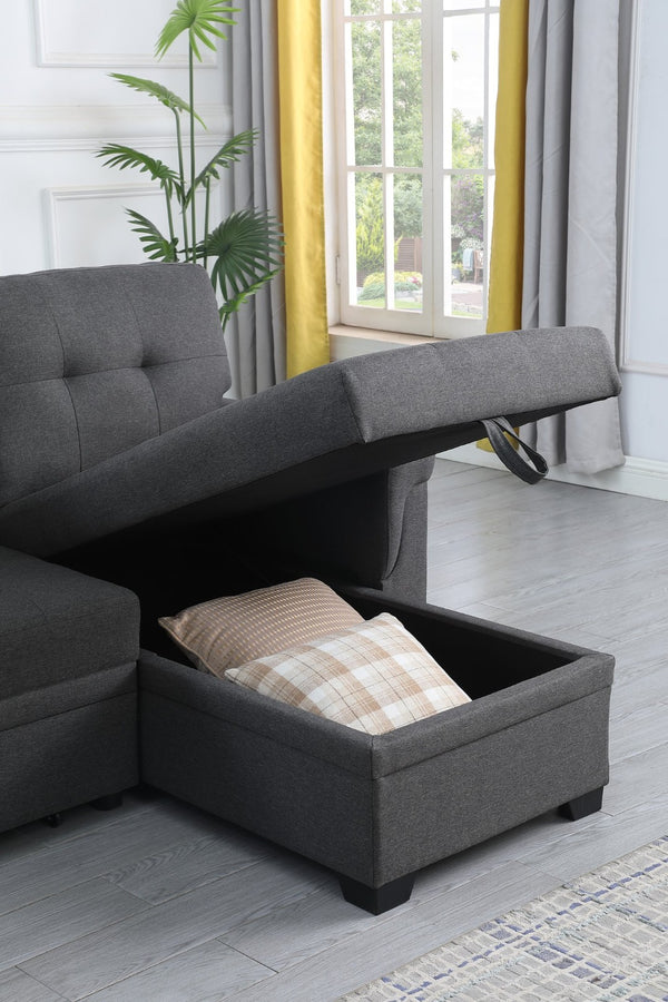 English Elm Lucca Tufted Linen Sleeper Sectional with Reversible Storage Chaise for Compact Rooms B061S00002