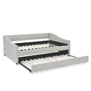 English Elm Full Size Daybed With Twin Trundle - Upholstered Tufted Sofa Bed With Stylish Copper Nailhead Trim W1413S00008