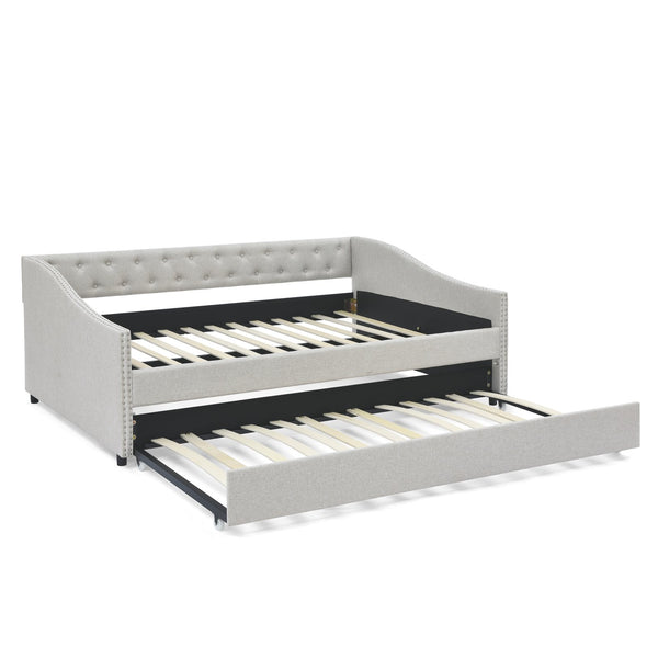 English Elm Full Size Daybed With Twin Trundle - Upholstered Tufted Sofa Bed With Stylish Copper Nailhead Trim W1413S00008