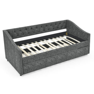 English Elm Twin Size Daybed With Trundle – Elegant Upholstered Sofa Bed, Button-Tufted Design In Grey Finish W1413S00005-GIGA