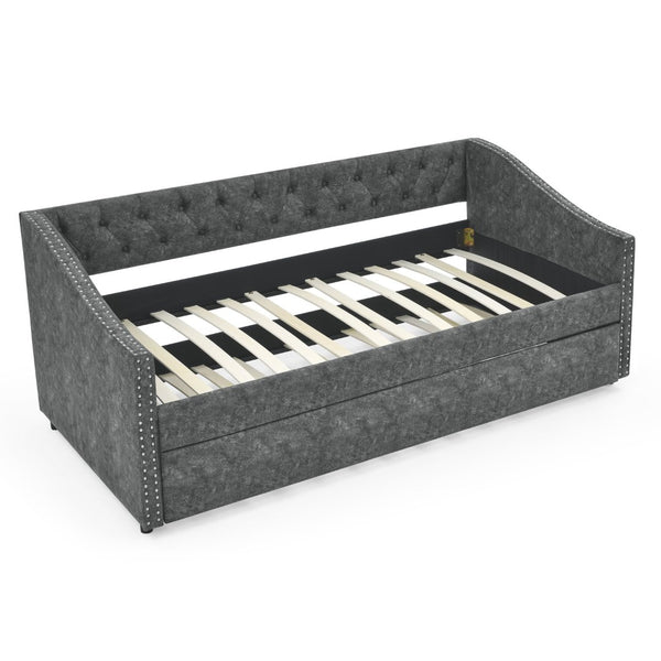 English Elm Twin Size Daybed With Trundle – Elegant Upholstered Sofa Bed, Button-Tufted Design In Grey Finish W1413S00005-GIGA