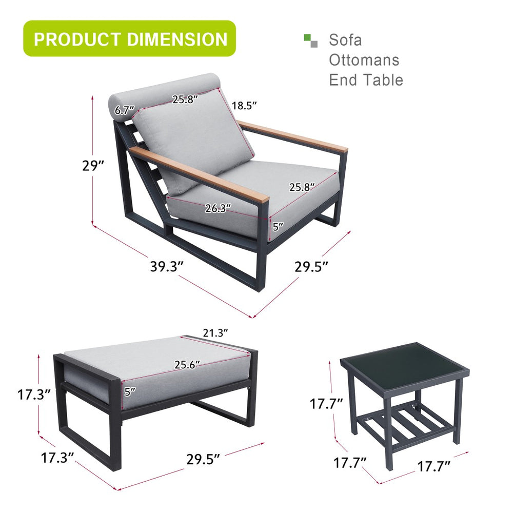 English Elm Recliner Patio Chair with Ottoman Aluminum Frame Teak Accents Waterproof Cushions W1889109347