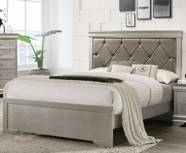 English Elm Modern King Panel Bed with Champagne Frame and Tufted Upholstered Headboard, Durable Wood Finish Beige 61.81 L x 32.68 W x 4.53 H B011S01010