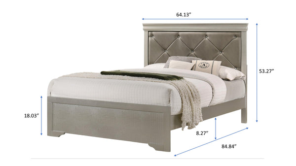English Elm Modern Queen Size Panel Bed with Champagne Finish, Crocodile Texture PU Headboard, Tufted Elegance B011S00391