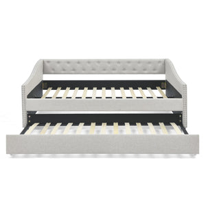 English Elm Full Size Daybed With Twin Trundle - Upholstered Tufted Sofa Bed With Stylish Copper Nailhead Trim W1413S00008