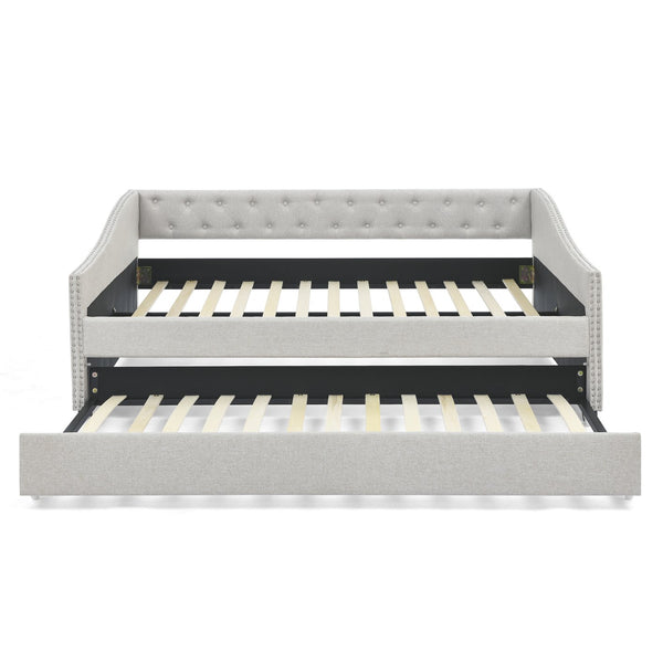 English Elm Full Size Daybed With Twin Trundle - Upholstered Tufted Sofa Bed With Stylish Copper Nailhead Trim W1413S00008