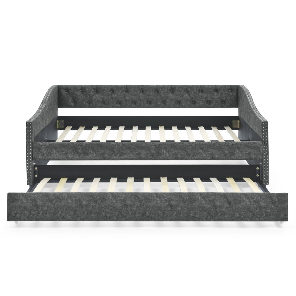 English Elm Full Size Daybed With Twin Trundle - Stylish Upholstered Sofa Bed With Tufted Design & Nailhead Trim W1413S00007