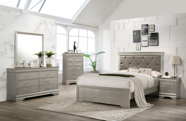 English Elm Modern Queen Size Panel Bed with Champagne Finish, Crocodile Texture PU Headboard, Tufted Elegance B011S00391