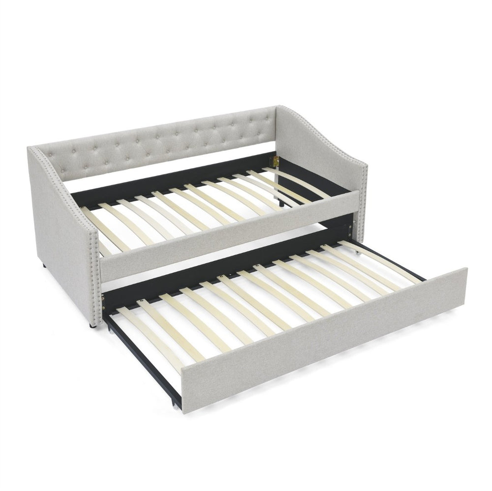 English Elm Twin Size Daybed With Trundle - Stylish Upholstered Sofa Bed With Tufted Back, Copper Nail Accents W1413S00006-GIGA